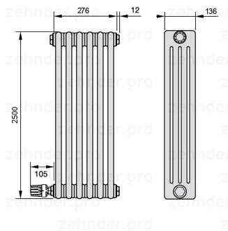 Схема (чертеж) Радиатор Zehnder Charleston 4250/6 №V003 Белый глянцевый RAL 9016